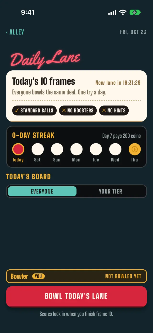 The Daily Lane screen: today's 10 frames, a streak row of seven days, today's board and a Bowl today's lane key.